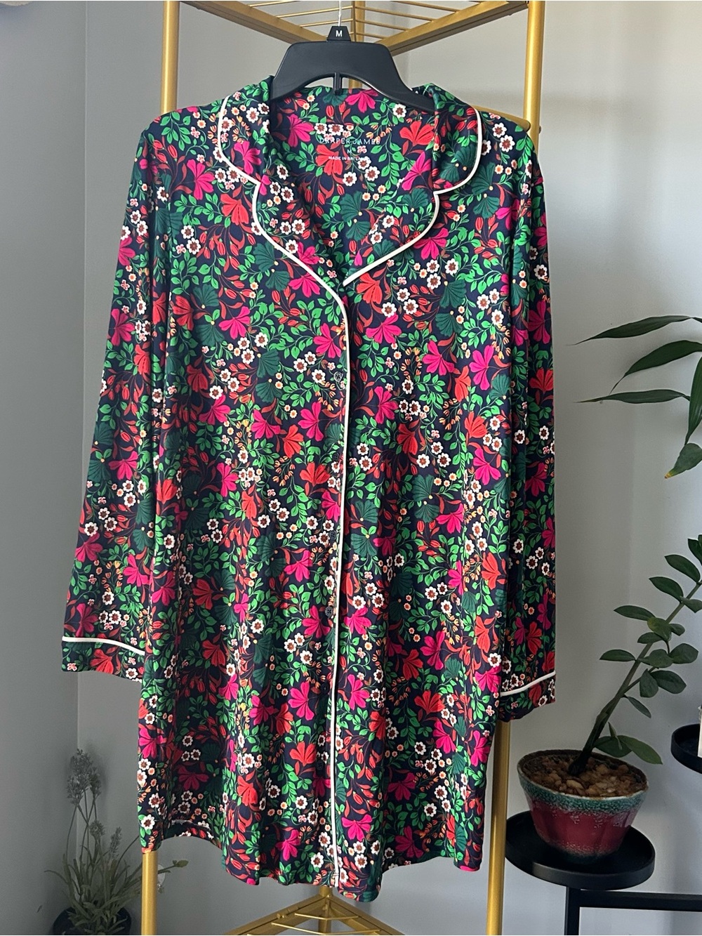 Draper James Black southern Multi Floral Button-Front Sleep shirt dress size M
